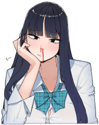 Rule 34 | 1girl, black hair, blood, blush, bow, collarbone, collared shirt, long hair, looking at viewer, nosebleed, ohasi, original, shirt, simple background, solo, white background