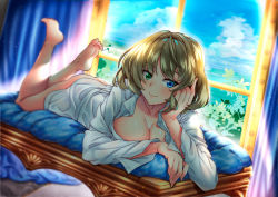 Rule 34 | 10s, 1girl, arm support, ass, bad id, bad pixiv id, barefoot, blue eyes, blue sky, blurry, bottomless, breasts, brown hair, cleavage, closed mouth, collared shirt, curtains, day, depth of field, feet, green eyes, green hair, hand on own cheek, hand on own face, heterochromia, idolmaster, idolmaster cinderella girls, indoors, large breasts, legs up, long sleeves, looking at viewer, lying, matching hair/eyes, mole, mole under eye, naked shirt, on stomach, pillow, shiny skin, shirokuma a, shirt, short hair, sky, smile, soles, solo, sunlight, takagaki kaede, the pose, toes, window, wing collar