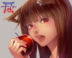 Rule 34 | 1girl, animal ears, apple, brown hair, chromatic aberration, close-up, fangs, food, fruit, holo, long hair, red eyes, red hair, solo, spice and wolf, wolf ears, yuuten