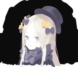 Rule 34 | 1girl, abigail williams (fate), absurdres, black background, blue eyes, bow, closed mouth, colored skin, doremi (doremi4704), dress, fate/grand order, fate (series), hair bow, hat, highres, looking at viewer, orange bow, parted bangs, portrait, purple bow, purple dress, purple hat, silver hair, simple background, solo, white skin