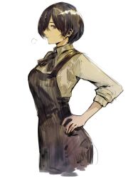 Rule 34 | 1girl, apron, black apron, black bow, black bowtie, bow, bowtie, closed mouth, collared shirt, cropped legs, from side, grey shirt, highres, kirishima touka, long sleeves, profile, shirt, short hair, simple background, solo, striped apron, striped clothes, tokyo ghoul, white background, yourfreakyneighbourh
