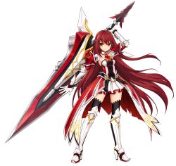 Rule 34 | 1girl, absurdres, armor, armored dress, black thighhighs, braid, detached collar, elesis (elsword), elsword, gloves, grand master (elsword), greaves, half updo, highres, huge weapon, long hair, neckerchief, no nose, official art, red eyes, red hair, ress, serious, solo, standing, sword, thighhighs, weapon, white background, white gloves