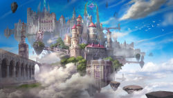 Rule 34 | animal, bird, blue sky, castle, cloud, copyright request, day, fantasy, field, floating castle, floating island, floating rock, flower, flower field, glowing, highres, landscape, scenery, sky, wei chang