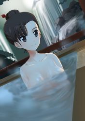 Rule 34 | 10s, 1girl, artist request, asymmetrical bangs, bad id, bad nicoseiga id, bathing, black eyes, black hair, blunt bangs, breasts, cleavage, closed mouth, collarbone, convenient censoring, denkaisui, dutch angle, eyebrows, girls und panzer, hair bun, hair ornament, hair stick, long neck, looking to the side, nishi kinuyo, onsen, outdoors, partially submerged, rock, shiny skin, short hair, single hair bun, smile, solo, upper body, water, waterfall