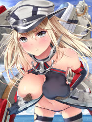 Rule 34 | 10s, 1girl, :t, alternate eye color, bare shoulders, bismarck (kancolle), black eyes, blonde hair, blush, cloud, collarbone, covering privates, covering breasts, cowboy shot, day, detached sleeves, grey thighhighs, hat, horizon, kantai collection, leaning forward, long hair, machinery, melopun, navel, ocean, peaked cap, pout, sky, solo, tears, thighhighs, torn clothes, torn thighhighs