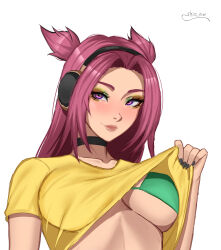 Rule 34 | 1girl, absurdres, alune (league of legends), bikini, black choker, black nails, breasts, choker, closed mouth, clothes lift, eyeshadow, green bikini, headphones, heartsteel (league of legends), heartsteel alune, highres, league of legends, long hair, looking at viewer, makeup, medium breasts, multicolored eyeshadow, official alternate costume, pink eyes, red hair, shio aw, shirt, shirt lift, signature, smile, solo, swimsuit