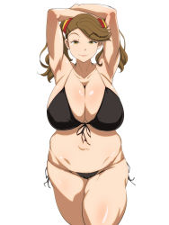 Rule 34 | 10s, 1girl, armpits, arms up, bikini, black bikini, breasts, brown eyes, brown hair, cleavage, gundam, gundam build fighters, gundam build fighters try, highres, huge breasts, long hair, looking at viewer, navel, plump, raised eyebrows, sazaki kaoruko, simple background, smile, solo, swimsuit, thick thighs, thighs, tsubooi, twintails, white background, wide hips