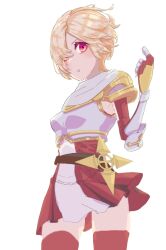 Rule 34 | 1girl, armor, armpit peek, beckoning, belt, blonde hair, blush, boobplate, breastplate, breasts, brown belt, commentary request, cowboy shot, cross, gauntlets, gloves, hair between eyes, hair over one eye, looking at viewer, official alternate costume, open mouth, orange eyes, parted lips, pi (pyaaaro), ragnarok online, red gloves, red skirt, red thighhighs, rune knight (ragnarok online), short hair, simple background, skirt, small breasts, solo, thighhighs, white background, zettai ryouiki