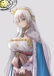 Rule 34 | 1girl, anastasia (fate), blue eyes, breasts, cape, doll, dress, fate/grand order, fate (series), food, fried rice, hairband, highres, jewelry, large breasts, long hair, pendant, silver hair, solo, spoon, strapless, strapless dress, thought bubble, tsuzuki yoshio