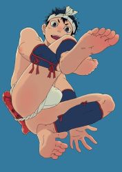 Rule 34 | 1boy, arm guards, barefoot, blue background, blue eyes, bulge, dildo, feet, from below, fundoshi, hachimaki, headband, japanese clothes, looking at viewer, male focus, male underwear, original, sex toy, shin guards, short hair, simple background, smile, solo, squatting, white male underwear, zngo