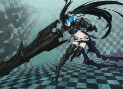 Rule 34 | 10s, 1girl, armor, belt, belt skirt, black hair, black rock shooter, blue eyes, boots, chain, checkered floor, gauntlets, glowing, glowing eyes, greaves, highres, huge weapon, insane black rock shooter, long hair, midriff, navel, pale skin, scar, shorts, solo, stitches, thigh boots, thighhighs, twintails, weapon, yuun