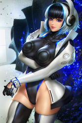 Rule 34 | 1girl, abstract background, artist name, black gloves, black hair, black leotard, blue eyes, blurry, bob cut, breast hold, breasts, breasts apart, circle, closed mouth, collarbone, commentary, cowboy shot, crossed arms, depth of field, english commentary, engrish commentary, eyeshadow, game console, gloves, glowing, glowing hair, headphones, highleg, highleg leotard, impossible clothes, impossible leotard, indoors, jacket, large breasts, legs apart, leotard, lips, makeup, multicolored clothes, multicolored hair, multicolored jacket, neoartcore, neon trim, nose, nostrils, paid reward available, patreon logo, patreon username, personification, pink lips, playstation 5, print sleeves, product girl, ps5 chan, red eyeshadow, ringed eyes, shiny clothes, short hair, skin tight, smile, solo, sony, square, standing, thighhighs, triangle, two-tone hair, two-tone jacket, two-tone legwear, white hair, white jacket, x
