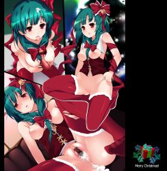 Rule 34 | 1girl, aftersex, bad id, bad pixiv id, bell, boots, breastless clothes, breasts, censored, christmas, cofepig, corset, cum, cum in pussy, cumdrip, green hair, highres, kagiyama hina, long hair, no panties, nude, paizuri, penis, pussy, red eyes, red thighhighs, ribbon, santa costume, spread pussy, thigh boots, thighhighs, touhou