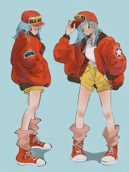 Rule 34 | 1girl, baseball cap, blue eyes, blue hair, breasts, bulma, character name, commentary, dragon ball, full body, hands in pockets, hat, highres, jacket, looking at viewer, lumlum 0 1, shirt, shoes, shorts, smile, sneakers, standing, white shirt, yellow shorts