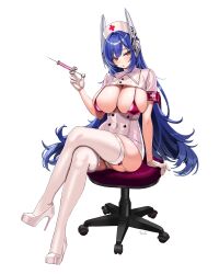 Rule 34 | 1girl, absurdres, alternate costume, armband, bikini, bikini top only, blue hair, blush, breasts, breasts out, chair, commentary, commission, crossed legs, english commentary, girls&#039; frontline, hat, headgear, high heels, highres, holding, holding syringe, large breasts, long hair, looking at viewer, nurse, nurse cap, office chair, open mouth, orange eyes, red armband, red bikini, short sleeves, sitting, solo, swimsuit, swivel chair, syringe, tar-21 (girls&#039; frontline), thighhighs, thighs, very long hair, white footwear, white thighhighs, yan.c