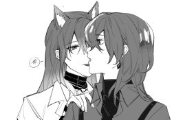 Rule 34 | 2girls, animal ears, cat ears, chief (path to nowhere), choker, collared shirt, commentary, earrings, female chief (path to nowhere), greyscale, hand on another&#039;s shoulder, hashtag-only commentary, highres, jewelry, kemonomimi mode, licking, licking another&#039;s face, looking at another, monochrome, multiple girls, parted lips, path to nowhere, shalom (path to nowhere), shirt, sixteenmiao, speech bubble, translated, upper body, yuri