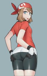 Rule 34 | 1girl, ass, ass grab, bandana, bike shorts, blue eyes, brown hair, creatures (company), game freak, gloves, grabbing own ass, grey background, highres, looking at viewer, looking back, may (pokemon), nintendo, pantylines, pokemon, pokemon rse, short hair, short sleeves, solo, spandex, tenguro, thighs, tongue, tongue out