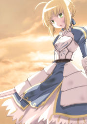 Rule 34 | 1girl, ahoge, armor, armored dress, artoria pendragon (fate), blonde hair, dress, fate/zero, fate (series), green eyes, hair ribbon, komiru, ribbon, saber (fate), solo, sunset, sword, weapon