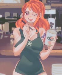 Rule 34 | 1girl, ;d, apron, breasts, cafe, cup, holding, holding pen, iced latte with breast milk (meme), indoors, large breasts, long hair, looking at viewer, meme, naked apron, nami (one piece), one eye closed, one piece, open mouth, orange hair, pandar op, pen, red eyes, smile, solo, starbucks, tattoo