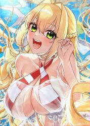Rule 34 | 1girl, absurdres, ahoge, bad id, bad twitter id, bare shoulders, bikini, blonde hair, braid, breasts, cleavage, collarbone, criss-cross halter, fate/grand order, fate (series), french braid, green eyes, hair between eyes, hair intakes, halterneck, highres, large breasts, long hair, looking at viewer, navel, nero claudius (fate), nero claudius (fate) (all), nero claudius (swimsuit caster) (fate), nero claudius (swimsuit caster) (third ascension) (fate), open mouth, red bikini, side-tie bikini bottom, smile, solo, striped bikini, striped clothes, swimsuit, yayoi maka