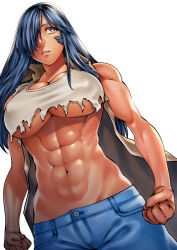 Rule 34 | 1girl, abs, ass, back, blue hair, blue pants, breasts, brown cape, cape, clenched hands, covered erect nipples, dark-skinned female, dark blue hair, dark skin, dutch angle, grey eyes, hair over one eye, killing bites, large breasts, long hair, looking up, muscular, muscular female, official art, pants, parted lips, sahara rio, shirt, simple background, solo, straight hair, sumita kazuasa, torn clothes, torn shirt, underboob, white background
