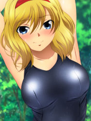 Rule 34 | 1girl, alice margatroid, armpits, blonde hair, blue eyes, blurry, blurry background, blush, breasts, closed mouth, collarbone, day, hair between eyes, hairband, large breasts, long hair, looking at viewer, outdoors, red hairband, school swimsuit, solo, swimsuit, touhou, upper body, yadokari genpachirou