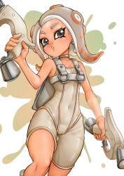 Rule 34 | 1girl, agent 8 (splatoon), bare shoulders, bodysuit, breasts, cameltoe, cleft of venus, collarbone, commentary request, covered navel, dual wielding, emit x, eyelashes, grey eyes, grey hair, gun, highres, holding, holding gun, holding weapon, jewelry, medium hair, neck ring, nintendo, octoling, octoling girl, octoling player character, paint splatter, parted lips, skin tight, sleeveless, sleeveless bodysuit, small breasts, solo, splat dualies (splatoon), splatoon (series), splatoon 3, splatoon 3: side order, teeth, tentacle hair, weapon, white background