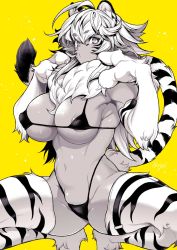 Rule 34 | 1girl, ahoge, animal ears, animal hands, animal print, areola slip, bikini, breasts, copyright request, dark-skinned female, dark skin, highres, large breasts, long hair, looking at viewer, monochrome, simple background, solo, squatting, swimsuit, tail, takatsuki ichi, thighs, tiger ears, tiger print, tiger tail, yellow background