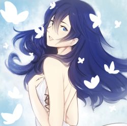 Rule 34 | 1girl, bare shoulders, bathrobe, blue eyes, blue hair, breasts, bug, butterfly, fire emblem, fire emblem awakening, insect, long hair, looking at viewer, lucina (fire emblem), nintendo, open mouth, simple background, smile, solo