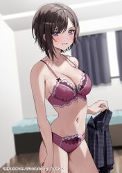 Rule 34 | 1girl, bare shoulders, bed, black hair, black skirt, blurry, blurry background, bra, breasts, chigusa minori, cleavage, collarbone, commentary request, curtains, futago matomete kanojo ni shinai?, highres, holding, holding clothes, indoors, lace, lace bra, lace panties, large breasts, looking at viewer, multicolored eyes, navel, official art, open mouth, panties, pink bra, pink panties, short hair, skirt, smile, solo, standing, stomach, translated, underwear, usami hikari
