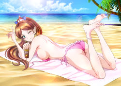 Rule 34 | 1girl, anklet, aqua eyes, arch bishop (ragnarok online), ass, beach, beach towel, bikini, breasts, brown hair, butt crack, cloud, cloudy sky, commentary request, earrings, feet up, frilled bikini, frills, hair ornament, highres, hoop earrings, jewelry, large breasts, legs, lens flare, looking at viewer, looking back, looking to the side, lotion, lying, ocean, on stomach, one eye closed, outdoors, palm tree, parted bangs, pink bikini, pointing, pointing up, pointy ears, ponytail, ragnarok online, rider (orange couture), shadow, shiny skin, sideboob, sidelocks, sky, smile, soles, solo, sunlight, sunscreen, swimsuit, the pose, thighs, toes, towel, tree, unworn bikini top