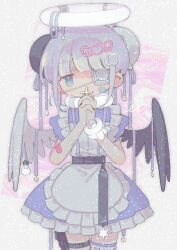 Rule 34 | 1girl, angel, angel wings, apron, bandaid, bandaid on arm, bandaid on face, blue eyes, covered mouth, cross, cross necklace, dress, earrings, eyepatch, hair ornament, hairclip, halo, highres, jewelry, light bulb, long hair, medical eyepatch, nail polish, necklace, original, own hands together, solo, tendoshi, white hair, wings