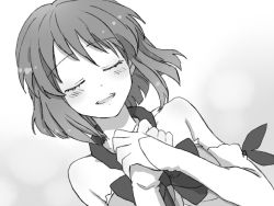 Rule 34 | 1girl, bad id, bad pixiv id, blush, closed eyes, greyscale, hagiwara yukiho, idolmaster, idolmaster (classic), monochrome, open mouth, own hands together, popoin, short hair, smile, solo