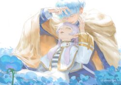 Rule 34 | 1boy, 1girl, absurdres, arm up, belt, black belt, blue flower, blue hair, blue jacket, brown cape, cape, crying, crying with eyes open, eye contact, flower, frieren, green eyes, highres, himmel (sousou no frieren), jacket, leaning back, looking at another, looking up, mole, mole under eye, red lips, shirt, short hair, simple background, sousou no frieren, straight hair, streaming tears, striped clothes, striped shirt, tears, white background, white hair, white jacket, zoewingsz
