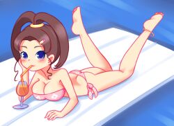 Rule 34 | 1girl, amano nene (digimon xros wars), ass, bikini, breasts, butt crack, cleavage, digimon, drantyno, drink, female focus, hair ornament, hairclip, large breasts, long hair, ponytail, solo, split ponytail, swimsuit