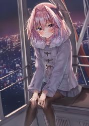 Rule 34 | 1boy, astolfo (fate), black bow, black pantyhose, blush, bow, city, cityscape, closed mouth, coat, commentary request, contemporary, duffel coat, fate/apocrypha, fate/grand order, fate (series), ferris wheel, ferris wheel interior, fur-trimmed jacket, fur trim, grey jacket, grey skirt, hair bow, hair intakes, hands on own knees, highres, jacket, long hair, long sleeves, looking at viewer, male focus, miniskirt, mochi nabe, multicolored hair, night, pantyhose, pink hair, pleated skirt, purple eyes, sitting, skirt, solo, streaked hair, thighband pantyhose, trap