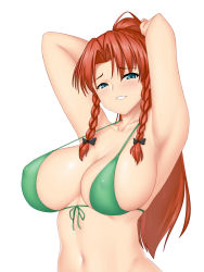 Rule 34 | 1girl, armpits, arms up, bikini, blue eyes, blush, braid, breasts, cleavage, commentary, covered erect nipples, green bikini, grin, hair between eyes, hong meiling, large breasts, long hair, looking at viewer, midriff, mokkori9, navel, orange hair, parted bangs, parted lips, ponytail, side braids, sideboob, simple background, smile, solo, swimsuit, touhou, twin braids, upper body, white background