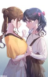 Rule 34 | 2girls, black hair, black skirt, bow, breasts, brown eyes, brown hair, collared shirt, commentary request, cowboy shot, double bun, from side, fukumaru koito, hair bow, hair bun, hands up, highres, holding hands, idolmaster, idolmaster shiny colors, kuri choko, large breasts, long hair, long sleeves, looking at another, multiple girls, parted lips, pink bow, purple eyes, shirt, short sleeves, sidelocks, simple background, skirt, sonoda chiyoko, suspender skirt, suspenders, sweatdrop, twintails, twitter username, white shirt, white skirt, yellow shirt
