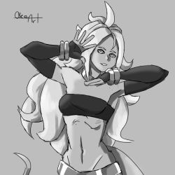Rule 34 | 10s, 1girl, abs, android 21, bandeau, bracelet, choker, collarbone, crop top, detached sleeves, deviantart sample, dragon ball, dragon ball fighterz, dragon ball super, image sample, jewelry, jojo no kimyou na bouken, jojo pose, light purple hair, majin android 21, messy hair, monochrome, navel, smile, solo, stomach, tail, teeth