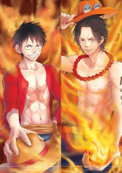 Rule 34 | 2boys, brothers, character name, fire, freckles, gradient background, hat, unworn headwear, male focus, monkey d. luffy, multiple boys, one piece, portgas d. ace, sash, scar, siblings, smile, stampede string, straw hat, tattoo, topless male