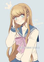 Rule 34 | 1girl, alternate costume, blue skirt, blush, braid, collarbone, commentary, criis-chan, danganronpa (series), danganronpa 2: goodbye despair, hair ornament, hairclip, hand in own hair, hand up, long sleeves, looking at viewer, sailor collar, school uniform, serafuku, shirt, simple background, skirt, smile, solo, sonia nevermind, symbol-only commentary, watermark, web address, white shirt