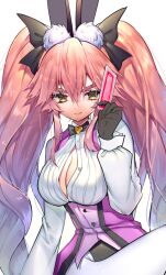 Rule 34 | 1girl, animal ear fluff, animal ears, black bow, black gloves, blush, bow, breasts, card, coattails, collared shirt, corset, dress shirt, fate/grand order, fate (series), gloves, hair between eyes, hair bow, koyanskaya (assassin) (second ascension) (fate), koyanskaya (fate), large breasts, long hair, long sleeves, looking at viewer, mogullaz, pantyhose, pink hair, rabbit ears, shirt, sidelocks, smile, solo, tamamo (fate), thighs, twintails, underbust, white pantyhose, white shirt, yellow eyes