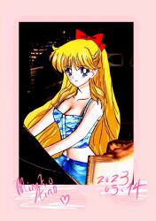 Rule 34 | 1girl, 2023, aino minako, bare arms, blonde hair, blue eyes, bow, breasts, chair, cleavage, closed mouth, corset, crop top, denim, highres, jeans, long hair, looking at viewer, medium breasts, non-web source, pants, partially translated, red bow, sitting, translation request