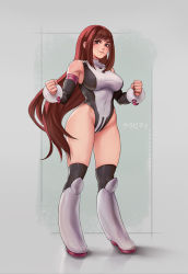 Rule 34 | 10s, 1girl, ass, bare shoulders, blush stickers, boku no hero academia, boots, bracelet, breasts, brown eyes, brown hair, curvy, dandon fuga, detached sleeves, grey background, highres, hip focus, jewelry, large breasts, legs, leotard, long hair, aged up, simple background, smile, solo, standing, thick thighs, thighs, uraraka ochako, very long hair, wide hips
