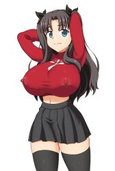 Rule 34 | 1girl, abridged-satoko, alternate breast size, aqua eyes, arms behind head, black hair, breasts, covered erect nipples, fate (series), hair ribbon, highres, huge breasts, impossible clothes, impossible shirt, looking at viewer, midriff, navel, ribbon, shirt, skirt, smile, solo, sweater, thick thighs, thighs, tohsaka rin, twintails