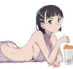 Rule 34 | 1girl, ass, black hair, breasts, butt crack, closed mouth, cup, green eyes, hair ornament, hairclip, kirigaya suguha, large breasts, looking at viewer, lying, meme attire, on stomach, puge, purple sweater, short hair, sideboob, simple background, sketch, smile, solo, sweater, sword art online, turtleneck, turtleneck sweater, virgin killer sweater, white background