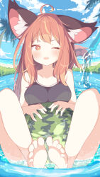 1girl ;d ahoge animal_ear_fluff animal_ears ball bare_arms bare_legs bare_shoulders barefoot beachball black_one-piece_swimsuit blue_sky blush breasts brown_eyes brown_hair cleavage cloud commentary_request daidai_ookami day fang highres hose long_hair looking_at_viewer medium_breasts one-piece_swimsuit one_eye_closed open_mouth original outdoors palm_tree sky smile soles solo swimsuit tail tree wading_pool water watermelon_beachball