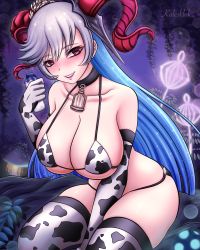 Rule 34 | 1girl, absurdres, alternate costume, animal print, bare shoulders, bell, bikini, bioluminescence, blue hair, blush, bottle, breasts, cleavage, collar, cow print, cowbell, curled horns, dark background, elbow gloves, fire emblem, fire emblem heroes, freyja (fire emblem), gloves, glowing, goat horns, hair ornament, hanging plant, heart, heart-shaped pupils, highres, horns, kalesklok, large breasts, long hair, looking at viewer, milk bottle, multicolored hair, neck bell, nintendo, open mouth, outdoors, plant, red eyes, red horns, smile, solo, swimsuit, symbol-shaped pupils, thighhighs, white bikini