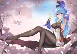 Rule 34 | 1girl, absurdres, arm up, armpits, bare shoulders, bell, black gloves, black pantyhose, blue hair, blush, breasts, chinese knot, detached sleeves, flower, flower knot, ganyu (genshin impact), genshin impact, gloves, gold trim, highres, holding, holding flower, horns, in tree, legs, light smile, long hair, looking at viewer, medium breasts, nanoda002 (saber427), neck bell, no shoes, pantyhose, pink flower, purple eyes, qingxin flower, red rope, rope, sideboob, sidelocks, sitting, sitting in tree, soles, solo, tassel, thighs, tree, vision (genshin impact), white flower, white sleeves