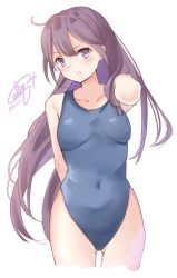 Rule 34 | 1girl, ahoge, akebono (kancolle), alternate hairstyle, blue one-piece swimsuit, breasts, calin, commentary request, covered navel, cowboy shot, dated, hair down, highleg, highleg swimsuit, highres, kantai collection, long hair, looking at viewer, one-hour drawing challenge, one-piece swimsuit, parted lips, purple eyes, purple hair, signature, simple background, small breasts, solo, swimsuit, very long hair, white background